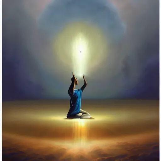 Prompt: aesthetically pleasing image of a meditating entity of light clearly defined as he breathes in the Ki of the universe vladimir kush greg rutkowski