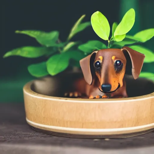 Prompt: Professional photograph of a wooden dachshund with leaves, growing in a bonsai pot