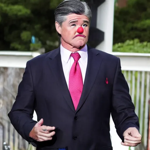 Image similar to Sean Hannity looking really, really sad and wearing a clown suit