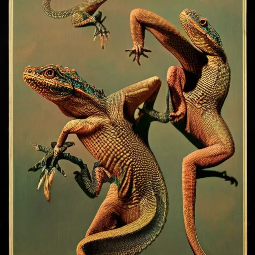 Prompt: dancing lizards by ernst haeckel, highly detailed matte painting, 8k