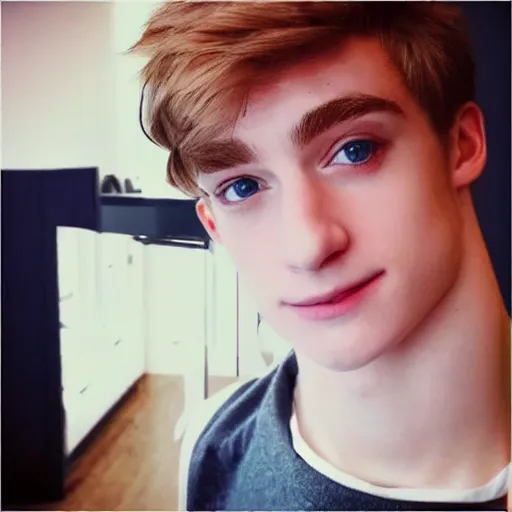 Image similar to “a realistic detailed photo of a guy who is an attractive humanoid who is half robot and half humanoid, who is a male android, twitch streamer Ninja Tyler Blevins, shiny skin, posing like a statue, blank stare, bedroom, close up”