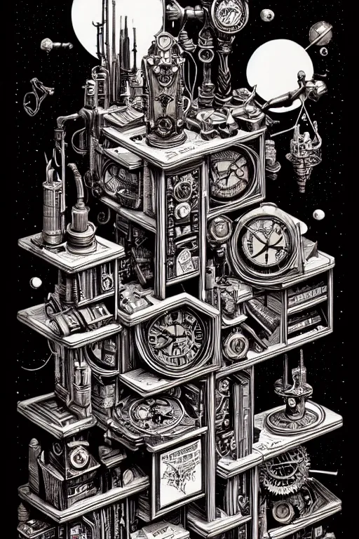 Image similar to a majestic steampunk alchemists bookshelf, two point perspective, furniture, high details, bold line art, by vincent di fate and joe fenton, inking, etching, screen print, masterpiece, trending on artstation, sharp, high contrast, hyper - detailed,, hd, 4 k, 8 k