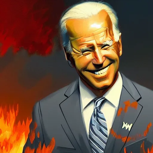 Image similar to joe biden smiling with blood in his face while behind him the world is burning, dramatic lighting, cinematic, establishing shot, extremly high detail, photorealistic, cinematic lighting, artstation, style by James Gurney