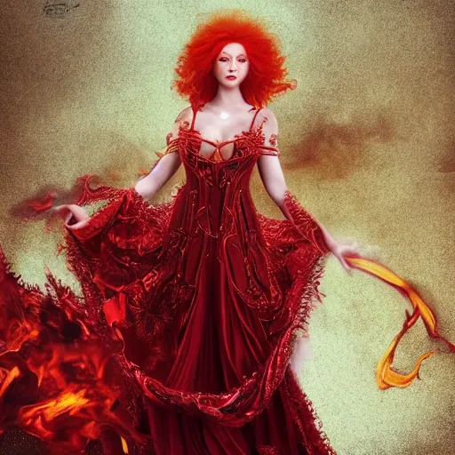 Image similar to Redhead Fire Priestess, wild hair, in a beautiful flowing red dress surrounded by flames, clothes, intricate hellish decoration on the dress, on the background of an ancient cathedral, Designer clothes, vouge photo, fashion style, fullbody, in full growth, intricate, elegant, highly detailed, artstation, concept art, smooth, sharp focus, illustration, art by greg rutkowski and orientalism and bouguereau and Zdzislaw Beksinski, good clear quality, lighting, biology, symmetrical artwork, perfect face, 135 mm, cinematic, hyper realism, high detail, octane render, 8k, chrome accents