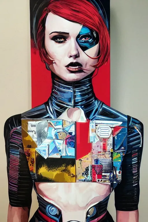 Prompt: full body painting of a female android, by MARVEL comics and Sandra Chevrier