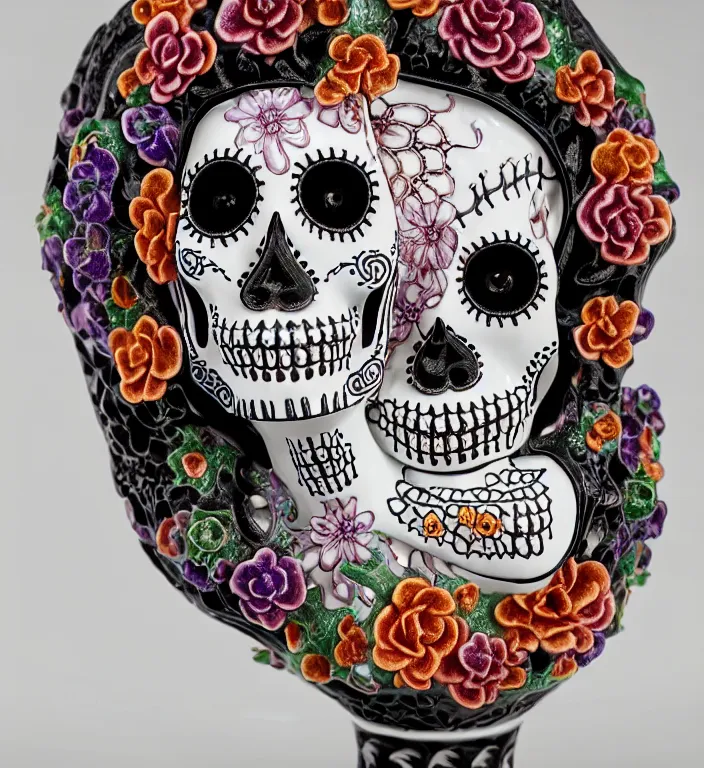 Image similar to La Catrina, A Close up photo-real delicate ceramic porcelain sculpture of a symmetrical ornate detailed in front of an intricate background by Victo Ngai and takato yamamoto, micro detail, backlit lighting, face in focus, subsurface scattering, translucent, thin porcelain, octane renderer, colorful, physically based rendering, japanese pottery, trending on cgsociety