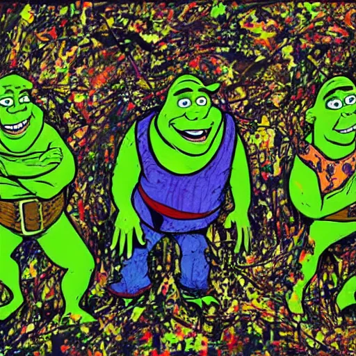 Prompt: shrek in the style of a jackson pollock painting