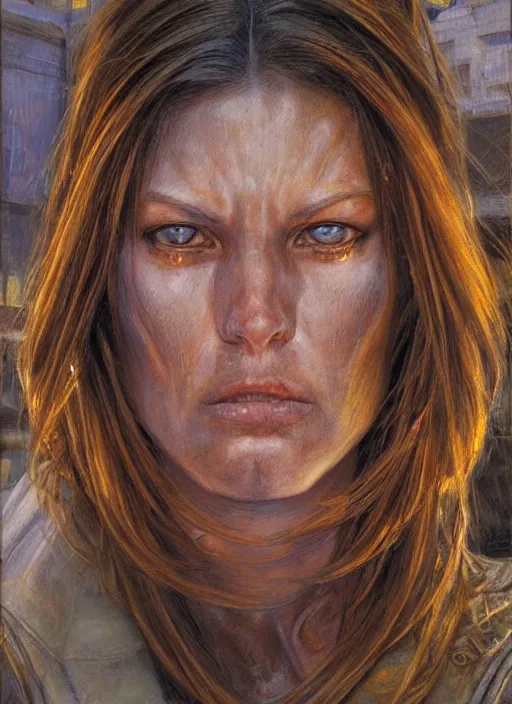 Prompt: frontal portrait of a emotional muscular female survivor in a city, by donato giancola