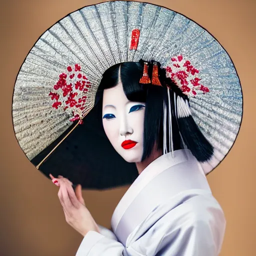 Prompt: fashion model geisha wearing traditional japanese clothing with traditional make up looking into lens