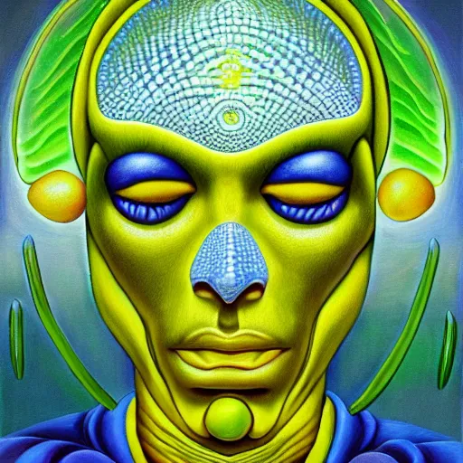 Image similar to Alex Grey painting of Lemonus, the lemon god of citrus, highly detailed, symmetrical, trending on artstation