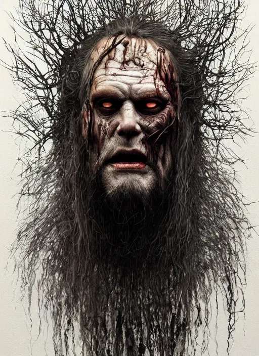 Prompt: portrait of a 6 0 year old giant man zombie wiking with long tattered tangles of thinning black hair, eerie glowing eyes, wall hanging trophy taxidermy, hyper realistic head, fantasy art, in the style of greg rutkowski, zdizslaw beksinski, intricate, alphonse mucha, hyper detailed, smooth