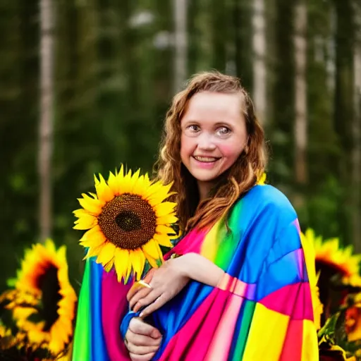 Prompt: photograph of a person in a rainbow cape holding a bouquet of sunflowers