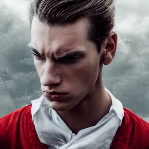 Prompt: portrait of a regal prince with sharp cheekbones, white clothes, high collar, close up, wistful melancholic hopeful expression, super details, angry people behind him furious and red, modern digital art, matte painting, science fiction