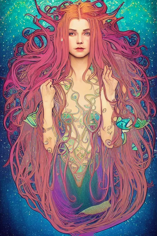 Image similar to a beautiful psychedelic mermaid with a beautiful fin, symmetrical features, cinematic lighting, soft bokeh, fantasy, modern, colourful, highly detailed, digital painting, artstation, deviantart, concept art, sharp focus, illustration, by alphonse mucha