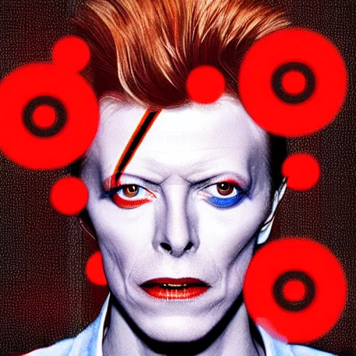 Prompt: David Bowie with red dots for eyes, album cover, vaporwave, glitch, cyberpunk, cyborg, highly detailed, Rembrandt lighting, dramatic, illustrated by Goya.