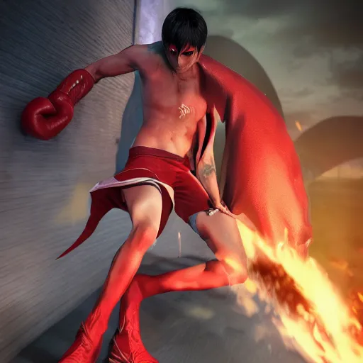 Prompt: demon hero ,Dante from Devil May Cry face,boxing gloves,worn pants ,ArtStation, studio trigger anime,studio trigger style,studio trigger art,CGSociety,full length, exquisite detail, post-processing, masterpiece, volumetric lighting, cinematic, hypermaximalistic, high details, cinematic, 8k resolution, beautiful detailed, insanely intricate details