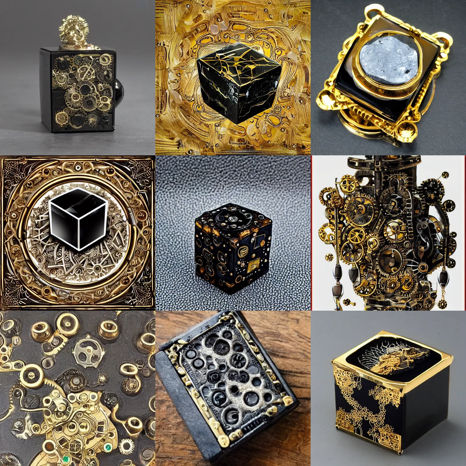 Prompt: a small black cube, made of polished onyx stone. it has golden metal mechanisms, springs, cogs, gears, and glowing veins of energy on its surface. it has elaborate shiny jewels embedded in it. inked in a fantasy style.