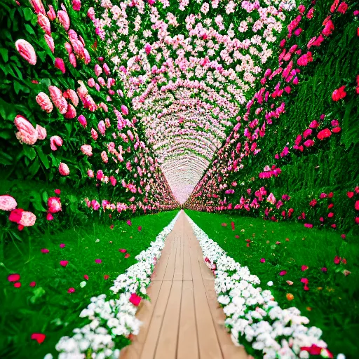 Image similar to photo of an endless heavenly corridor filled with flowers