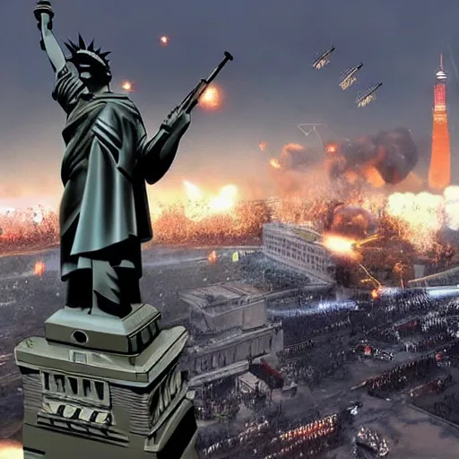 Prompt: The war between the Soviet Union and America, the action takes place in New York, far away against the background of the Statue of Liberty, a lot of soldiers and military equipment, a lot of explosions and tracer bullets, a lot of ruins, a very epic battle, Super quality, HD, super detailed details, The style of films of the 2000s, Ultra realistic details