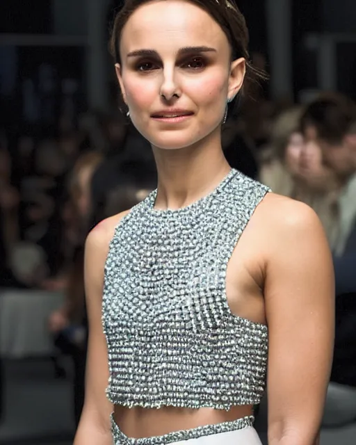 Image similar to nathalie portman at the new york fashion week, wearing an outfit made from crystals, photo by greg rutkowski, soft lighting, female beauty, intricate detail, elegance, sharp shapes, masterpiece