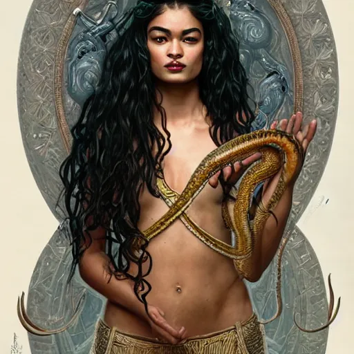 Image similar to Shanina Shaik as Medusa, frowning, scowl, snakes for hair, intricate, elegant, highly detailed, digital painting, artstation, concept art, smooth, sharp focus, illustration, art by artgerm and greg rutkowski and alphonse mucha and Chris Achilleos