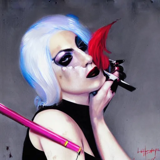 Image similar to lady gaga as harley quinn, portrait, painted by greg rutkowski