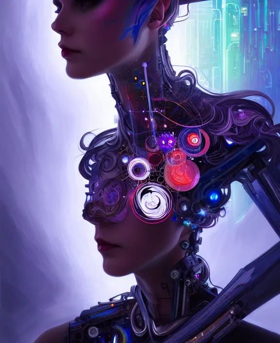 Image similar to a whirlwind of souls rushing inside the metaverse, hologram, half body, neurochip, shaved temple, piercing, jewelry, android, cyborg, cyberpunk face, by loish, d & d, fantasy, intricate, elegant, highly detailed, colorful, digital painting, artstation, concept art, art by artgerm and greg rutkowski and alphonse mucha