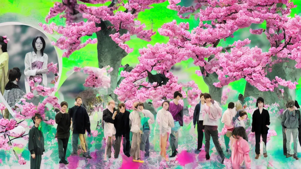 Prompt: a group of people flower viewing sakura, japan, a collage painting, in the style of wes anderson, lola dupre, david hockney, isolated on negative white space background dark monochrome neon fluorescent spraypaint accents volumetric octane render