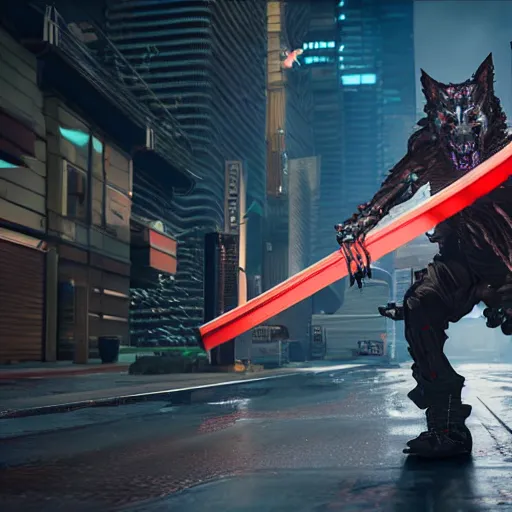 Prompt: cyberpunk werewolf holding a katana and jump on ng into action, action scene screenshot, unreal engine