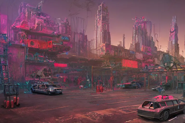 Image similar to hyperrealistic matte painting of aztec temples in a cyberpunk future environment with flying cars, mechanical features and neon, graffiti, scaffolding, smog, destruction by filip hodas, beeple, 4 k, trending on cgsociety