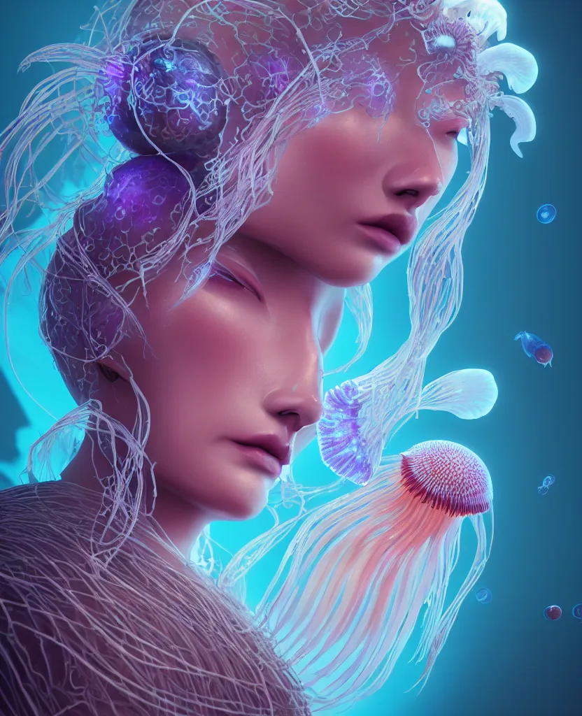 Image similar to goddess close-up portrait. orchid jellyfish phoenix head, nautilus, skull, betta fish, bioluminiscent creatures, intricate artwork by Tooth Wu and wlop and beeple. octane render, trending on artstation, greg rutkowski very coherent symmetrical artwork. cinematic, hyper realism, high detail, octane render, 8k