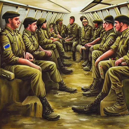 Prompt: an award winning painting of soldiers sitting inside a plane on their way to the battlefield, an emotionless look on their faces