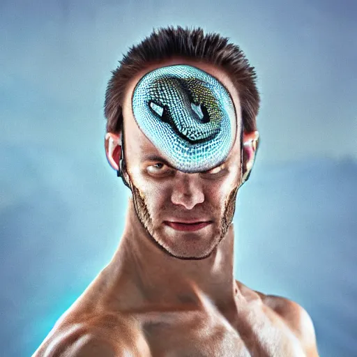 Image similar to snake man, up portrait with his face and body wrapped in white scales with glowing blue eyes. hyper photo realistic 8K HD HDRI, photo by Annie Leibovitz
