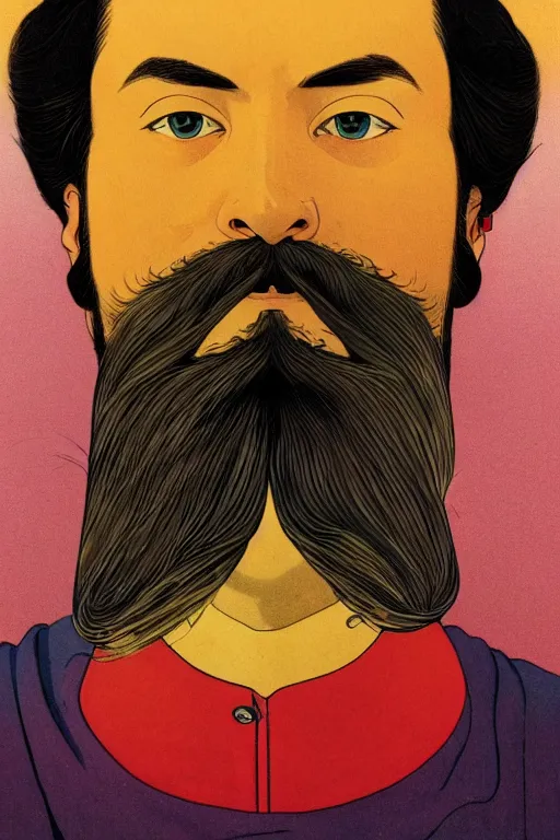 Prompt: a colorful closeup portrait of a handsome young bald man with a very long wild beard and handlebar moustache riding a golden motorcycle and dreaming psychedelic hallucinations in the vast icy landscape of antarctica, by kawase hasui, moebius and edward hopper, colorful flat surreal design, hd, 8 k, artstation