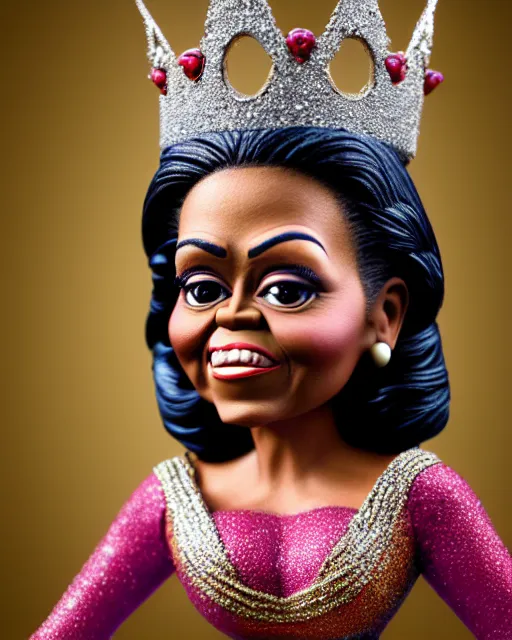 Image similar to closeup profile portrait of a tin toy michelle obama as a fairytale princess wearing a crown and sitting on a throne, bikini, hyper realistic, artstation, illustration, concept art by nicoletta ceccoli, mark ryden, lostfish, max fleischer, digital paint, matte paint, vivid colors, bright, cheerful, detailed and intricate environment