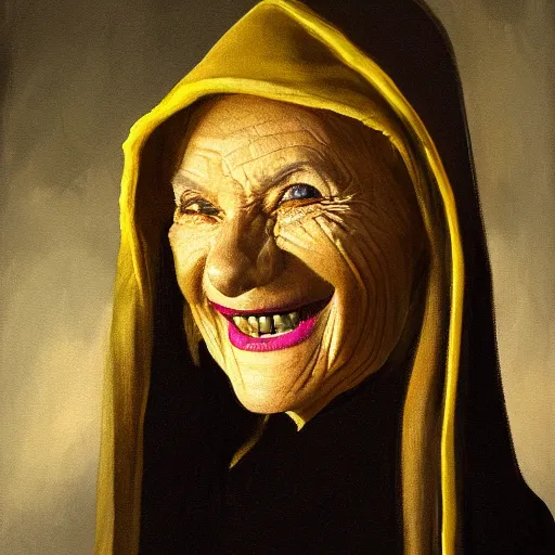 Prompt: a painting of the face of a smiling wickedly old woman with an hood, some yellow teeth, light from bottom, dark background, dark fantasy