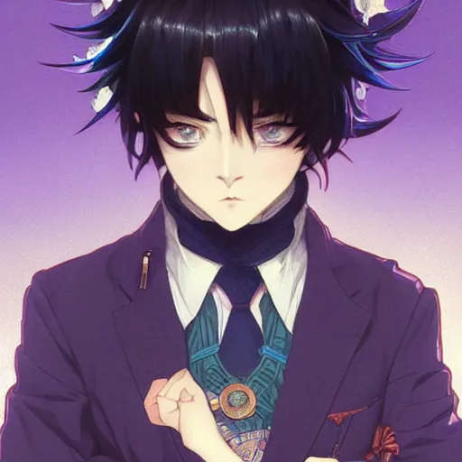 Prompt: small boy with black hair and blue purple eye, school uniform, anime style, hyper detailed, illustration, digital painting, art by artgerm and greg rutkowski and alphonse mucha, high delicate defined details, anime stylized, highly detailed, realistic, sharp focus