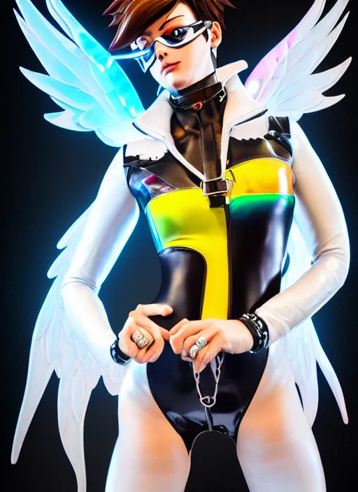 Prompt: portrait bust digital artwork of tracer overwatch, wearing white iridescent rainbow latex and leather straps catsuit outfit, 4 k, expressive happy smug expression, makeup, in style of mark arian, angel wings, wearing detailed black leather collar, chains, black leather harness, detailed face and eyes,