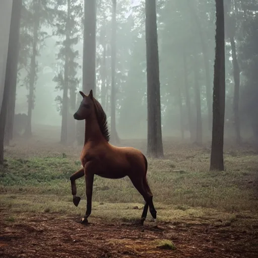 Prompt: a totem horse in the middle of a forest, foggy ambience, god rays.