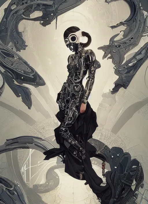 Image similar to a cyborg with mask, black leather garment with art nouveau ivory accessories, cyberpunk, darksynth, luxury, concept art by james jean, extremely detailed, ominous, ethereal, artstation, andree wallin, edvige faini, balaskas, alphonse mucha, 8 k, unreal engine 5