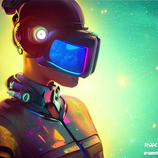 Image similar to cyberpunk concept cool girl cyborg bot, cinema 4 d, galaxy, ufo, space sci - fi, wearing vr goggles, illustration, portrait, pastel neon textured background night, trending on artstation, greg rutkowski, octane rendered, 1 2 k, detailed,