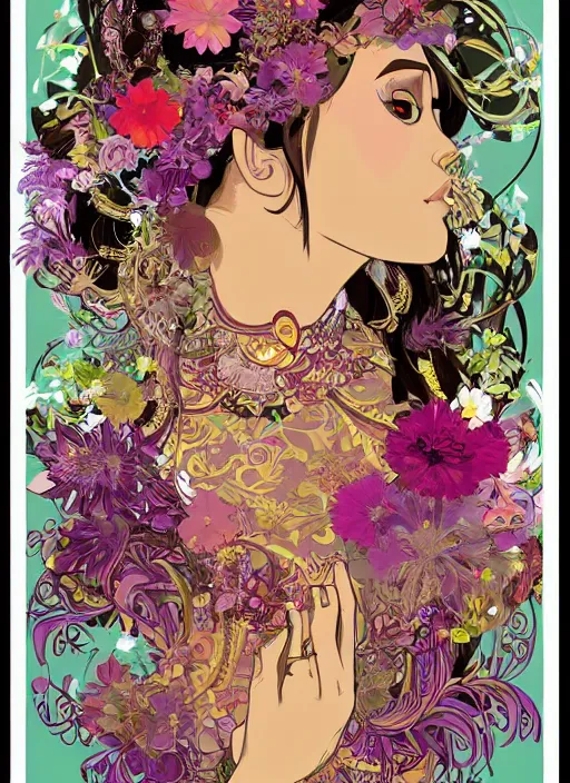 Prompt: !!! very coherent!!! vector art, beautiful floralpunk balinese cyborg portrait girl female illustration detailed patterns art of bali traditional dress, hands wearing gloves, flower pop art, floral splash painting, art by ashley wood, alphonse mucha, makoto shinkai, geof darrow, dark shadow