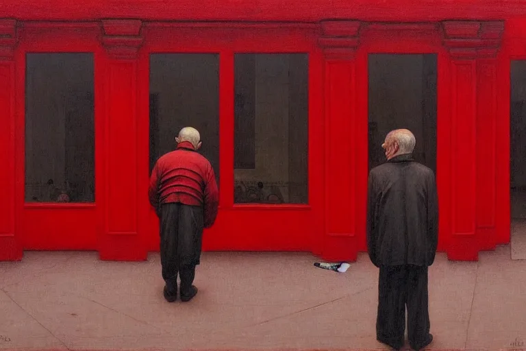 Image similar to only with red, a red old man try to sell a portrait, a crowd cheering, in a city square, in the style of beksinski, parts by edward hopper, parts by rodcenko, parts by yue minjun, intricate and epic composition, red by caravaggio, insanely quality, highly detailed, masterpiece, red light, artstation, 4 k