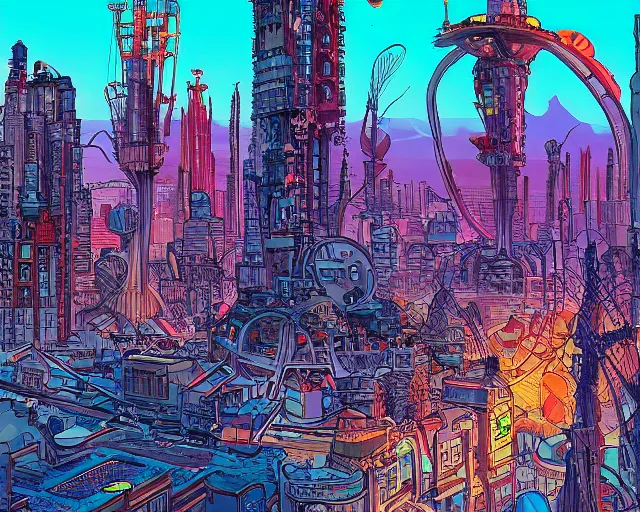 Image similar to atompunk / decopunk city in the style of jean giraud in the style of moebius trending on artstation deviantart pinterest detailed realistic hd 8 k high resolution