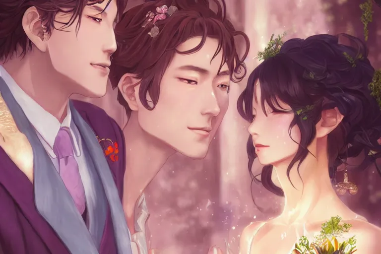 Image similar to a dreamlike portrait of wedding close up moment of a divine a japan sun god and moon goddess lovers magician at a wedding banquet. highly detailed, digital painting, fantasy wedding screen, 8 k realistic, hyper detailed, by makoto shinkai and akihiko yoshida and hidari and wlop