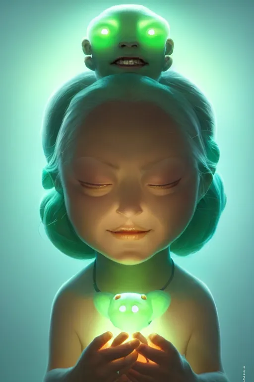 Prompt: super cute Bioluminescent earth deity character concept, single head, no double head, soft light, soft mood, realistic body features and face, illustration, painting oil on canvas by Elena Zhurikhina and Goro Fujita and Charlie Bowater, octane render trending on artstation, 4k, 8k, HD