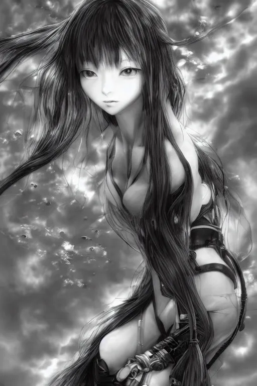 Image similar to a vertical portrait of a character in a scenic environment by Yoshitaka Amano, black and white, dreamy, cybernetic suit, wavy long black hair, highly detailed