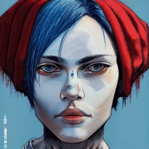 Image similar to intricate portrait, pure skin, short blue hair, enki bilal!