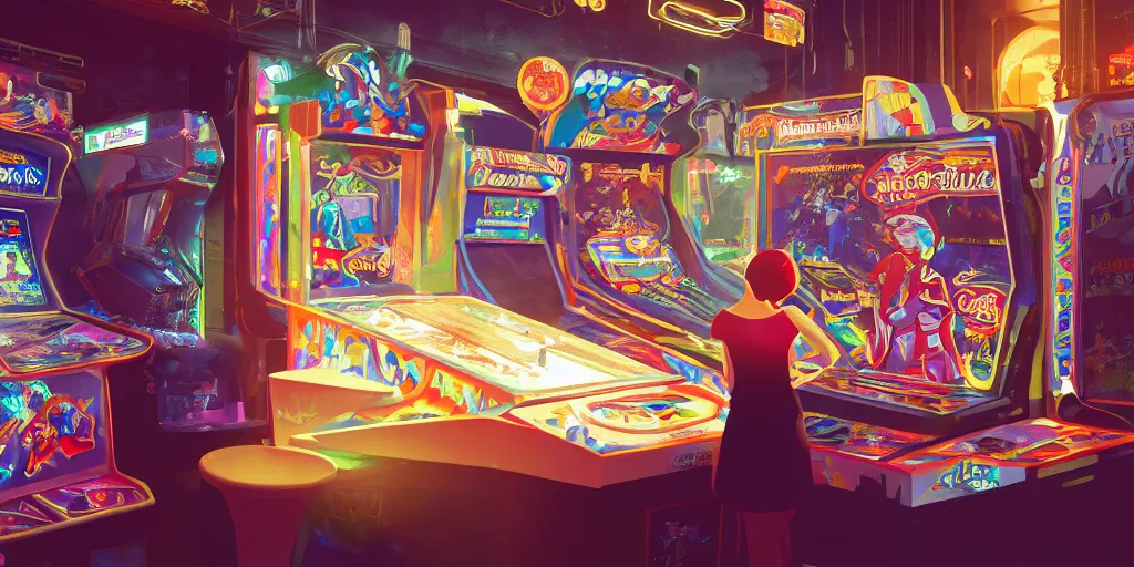 Image similar to an environmental concept art of a stylish woman playing an arcade machine in a cluttered arcade, highly detailed, environmental light, cinematic by francis tneh