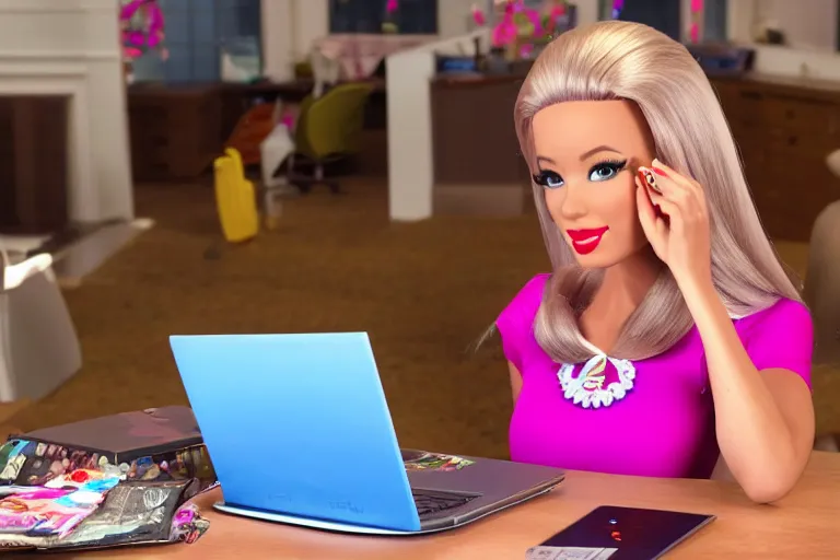 Prompt: photo of a real life barbie playing roblox on shes laptop, 4k
